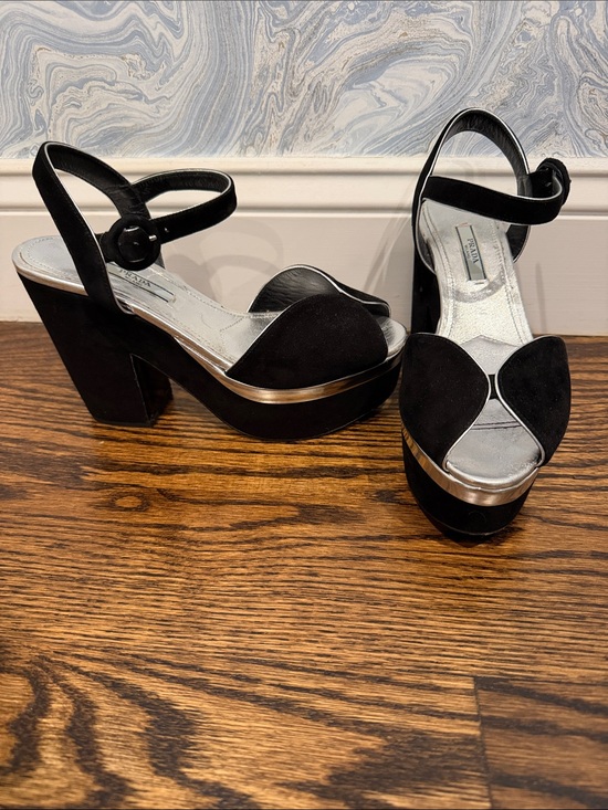 prada Shoes - Prada Black Suede Platform Peep-Toe Heels with Silver Trim